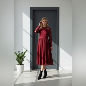 Chi Chi London Deep Red Lace Long Sleeve Dress
